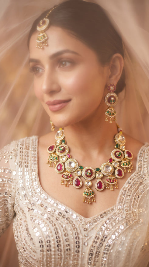 Red Green and White Multi Stone Heritage Cluster Drops Kundan Necklace Set, Cunei India
