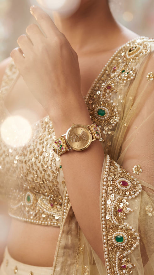 Imperial Red, Green and White Coin Dial Pearl Open-Work Watch, for women, Cunei India