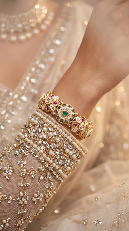 Red Green and White Floral Motif Meenakari Kundan Kada Bangles for Women, Cunei India
