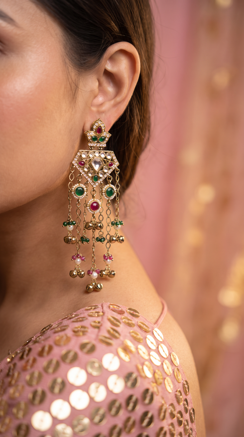 Red Green and White Kundan Cascading Hanging Earrings side view, Cunei India