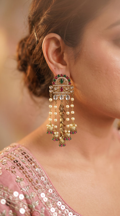 Red, Green, and White Pearl Ethnic Hanging Earrings side view, Cunei India