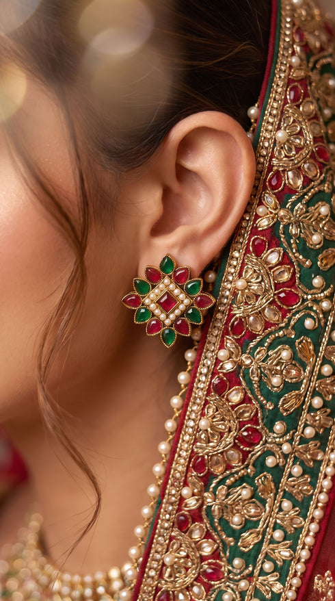 Red Green and White Pearl Floral Stud Earrings product photo, Cunei India