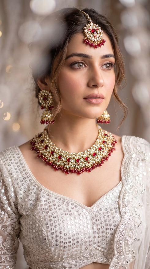 Red and White Kundan Crystal Beaded Necklace Set, Cunei India