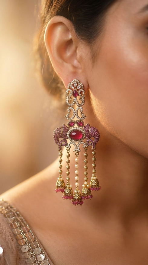 Ruby Crystal Ganesha Elephant Dangling Earrings for women, Cunei India