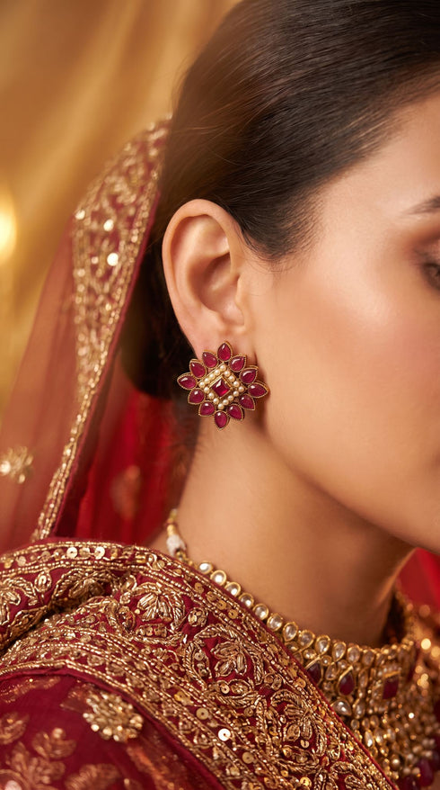 Ruby Red and Pearl White Pearl Floral Stud Earrings side view, Cunei India