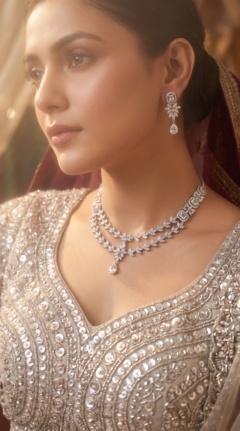 Silver Clear Double Strand Leaf Motif Cz Necklace Set for Women, Cunei India