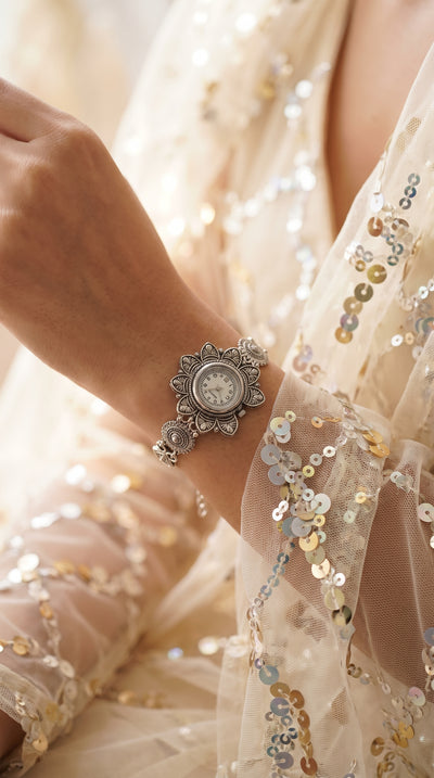 Silver floral oxidised watch for women