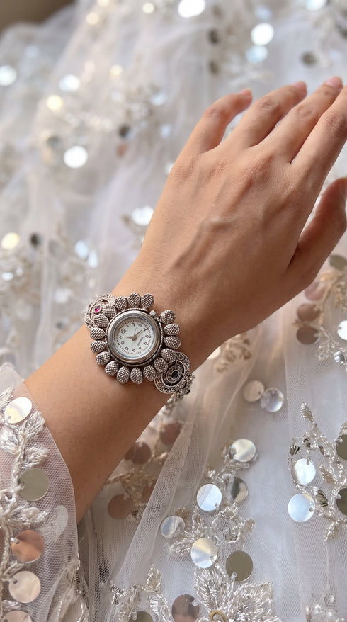 Silver with Pink and Green Accents Crystal Floral Bracelet Watch detail, Cunei India