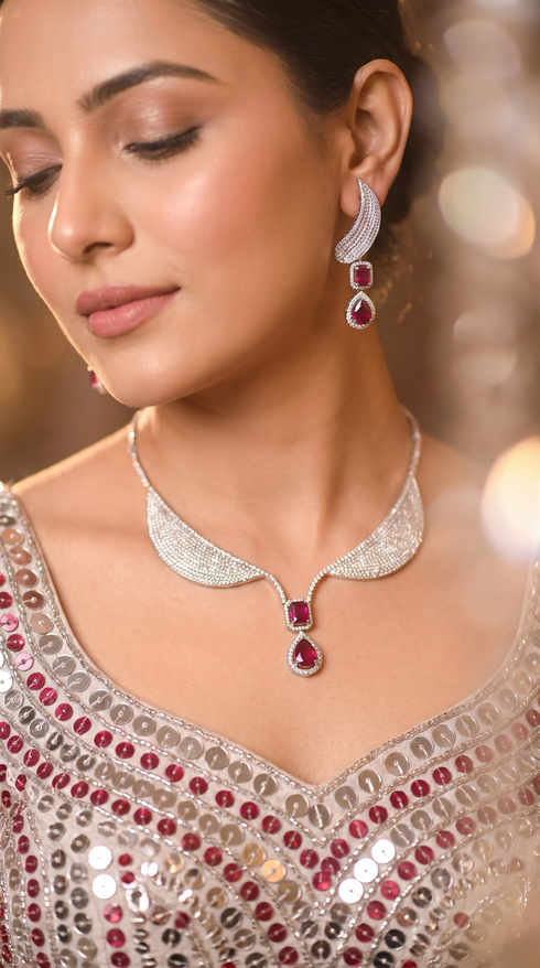 Silver and Ruby Red Teardrop Pendant Cz Necklace Set for Women, Cunei India