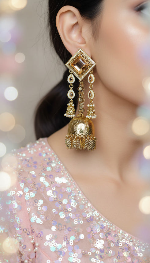 Square champagne kundan hanging earrings for women, Cunei India