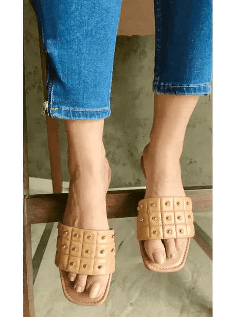 Tan Opulence Buttoned Slides - cunei