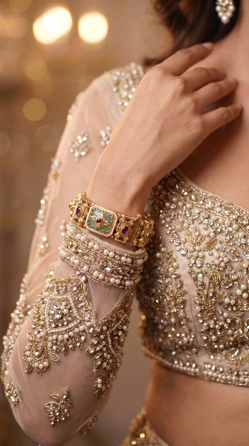 Teal, Purple, Green, and White Rectangular Kundan Panels With Stones Kada Bangles for Women, Cunei India