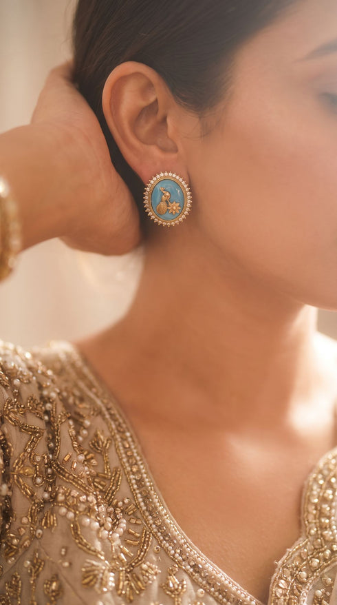 Vintage Blue Peacock Stud Earrings for Women