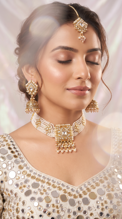 White and Gold Three Piece Square Pendant Multi Strand Necklace Set - view 3