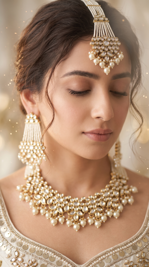 White and Gold Three Piece Kundan Floral Pearl Cluster Necklace Set - view 2