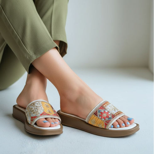 White Embroidered Patchwork Sandals for Women - Casual & Summer Wear - Image 1 - Cunei India