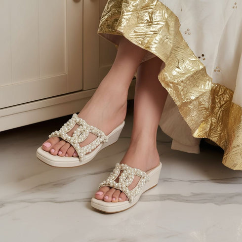 White Pearl Motif Wedges for Women - Casual & Party Wear - Image 1 - Cunei India