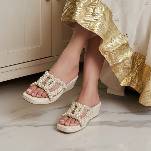 White Pearl Motif Wedges for Women - Casual & Party Wear - Image 1 - Cunei India