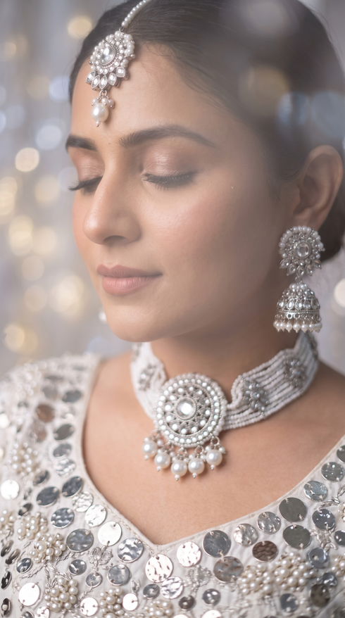 White and Silver Three Piece Multi Strand Beaded Choker Necklace Set - view 3