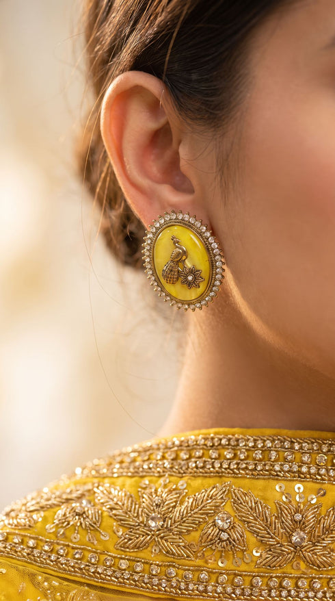 Yellow and Clear Cz Oval Stud Earrings side view, Cunei India