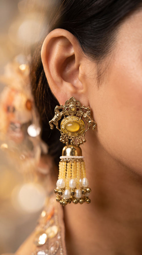 Yellow Royal Empress Horse Jhumka Dangling Earrings for women, Cunei India