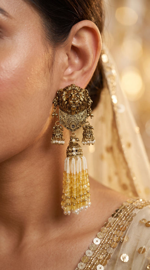 Yellow Royal Lion Jhumka Dangling Earrings for women, Cunei India