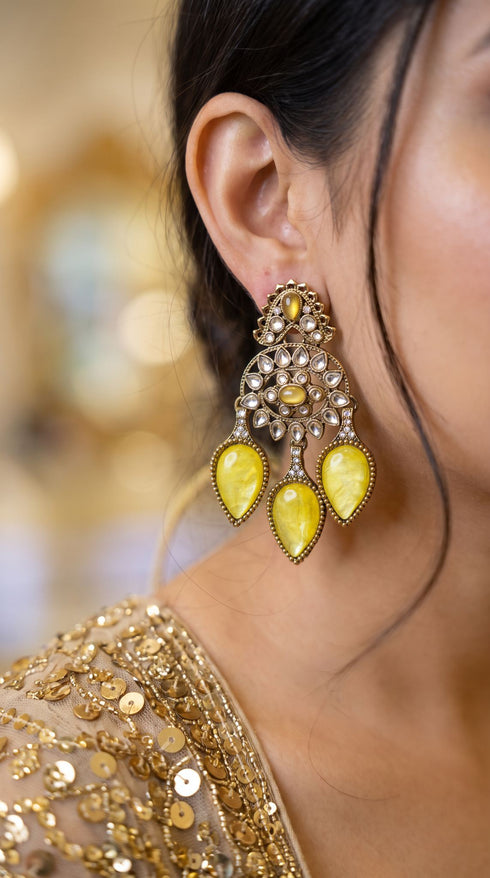 Yellow Three Tear Drop Dangle Earrings with Cubic Zirconia for women, Cunei India