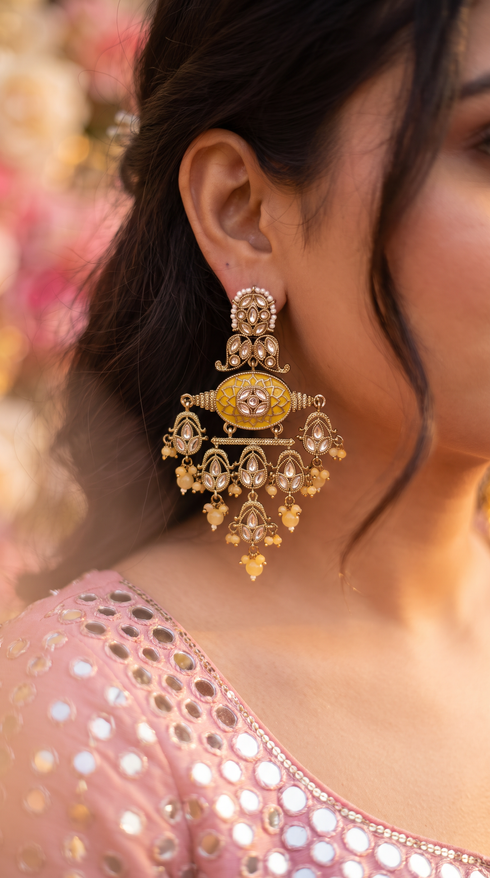 Yellow and White Kundan Cascading Hanging Earrings product photo, Cunei India